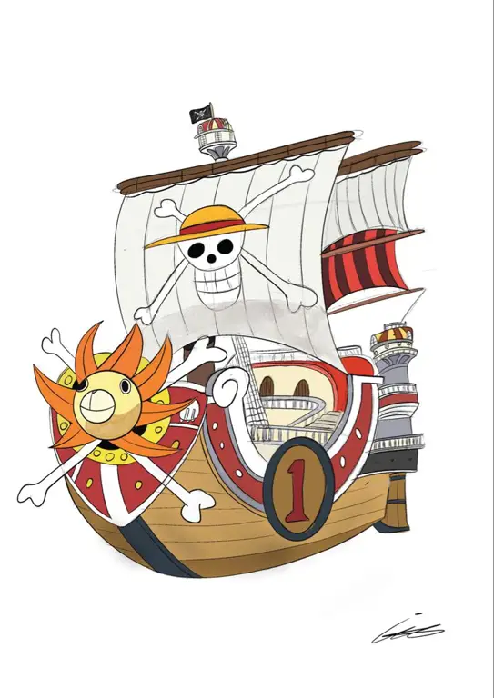 Petualangan di Kapal Thousand Sunny Gambar Luffy dan kru Topi Jerami di kapal Thousand Sunny