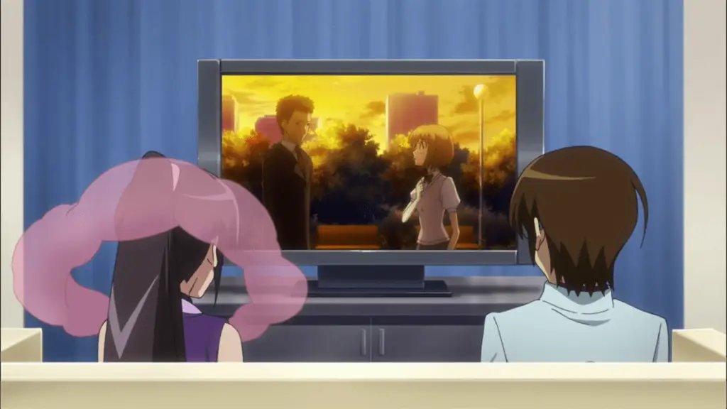 Menikmati anime bersama teman Karakter anime sedang menonton anime bersama