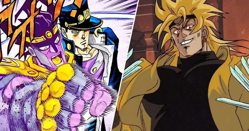 Adegan pertarungan epik yang menjadi ciri khas JoJo’s Bizarre Adventure Gambar adegan pertarungan yang dinamis dari anime JoJo's Bizarre Adventure