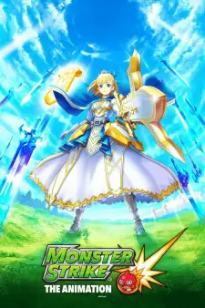 Suasana adegan anime Monster Strike yang penuh aksi dan petualangan