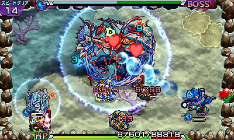 Cuplikan gameplay Monster Strike yang menunjukkan mekanisme pertarungan yang unik